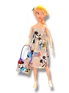 Patriotic Fashion  Doll Outfit with Gray Mickey Print Dress and Blue Purse